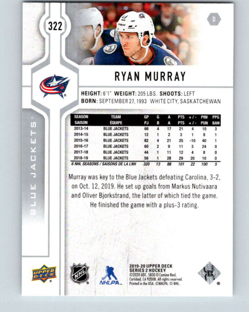 2019-20 Upper Deck #322 Ryan Murray Mint Columbus Blue Jackets Image 2