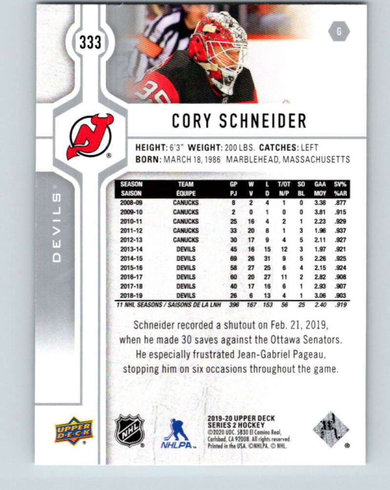 2019-20 Upper Deck #333 Cory Schneider Mint New Jersey Devils Image 2