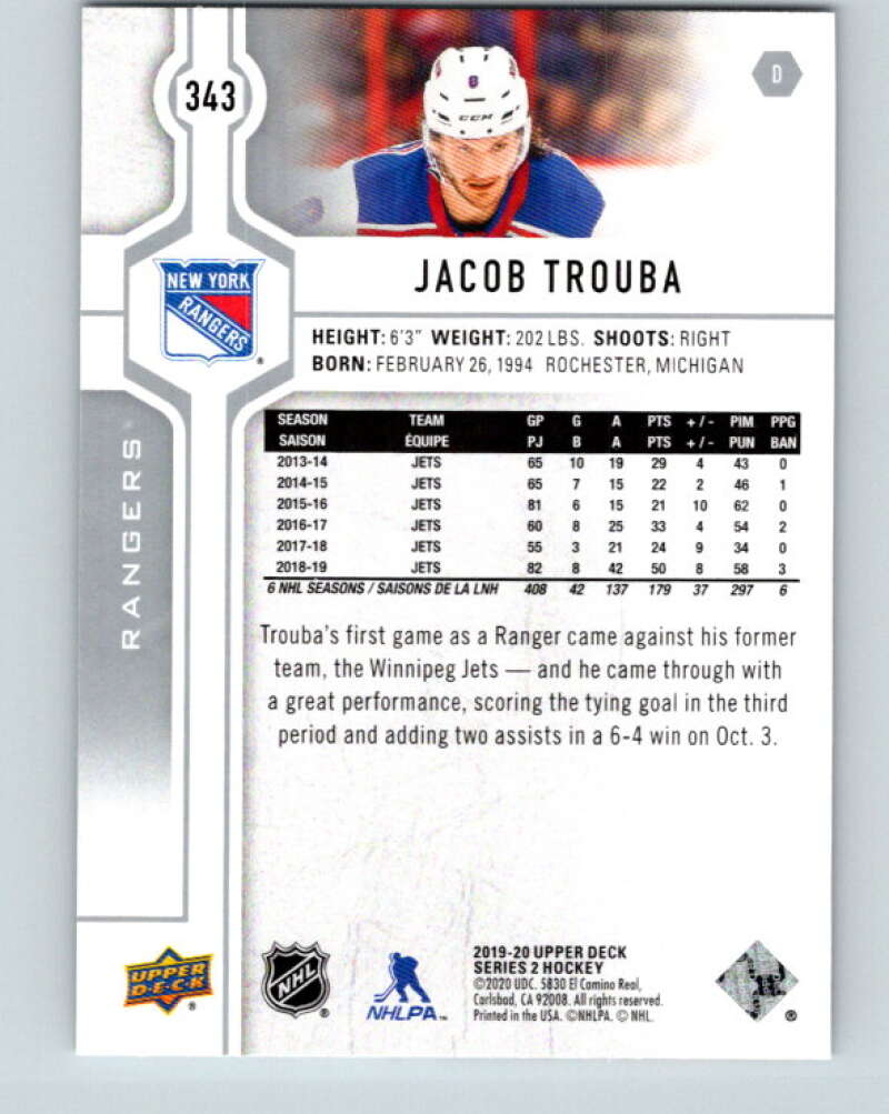 2019-20 Upper Deck #343 Jacob Trouba Mint New York Rangers Image 2