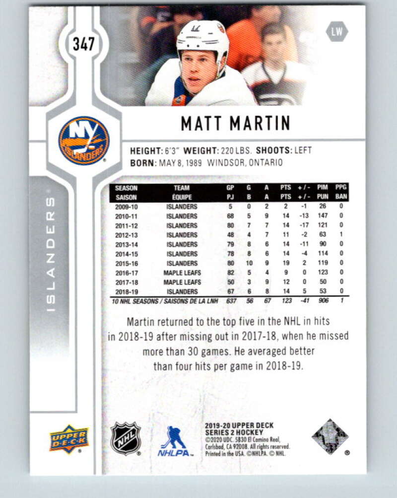 2019-20 Upper Deck #347 Matt Martin Mint New York Islanders