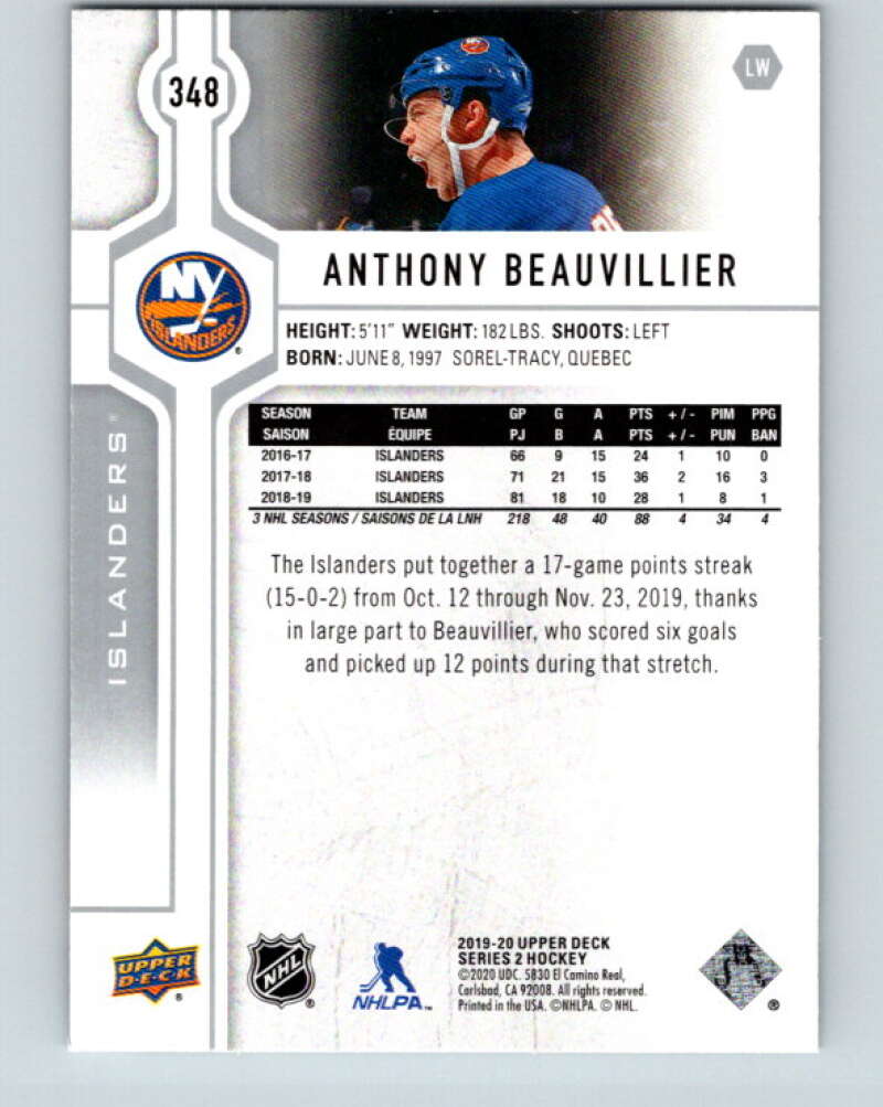 2019-20 Upper Deck #348 Anthony Beauvillier Mint New York Islanders Image 2