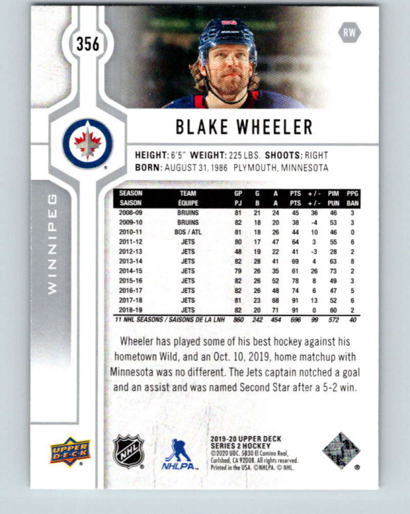 2019-20 Upper Deck #356 Blake Wheeler Mint Winnipeg Jets Image 2