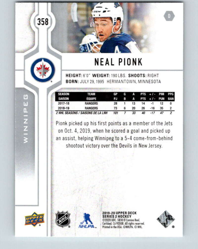 2019-20 Upper Deck #358 Neal Pionk Mint Winnipeg Jets Image 2