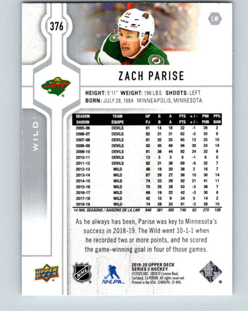 2019-20 Upper Deck #376 Zach Parise Mint Minnesota Wild