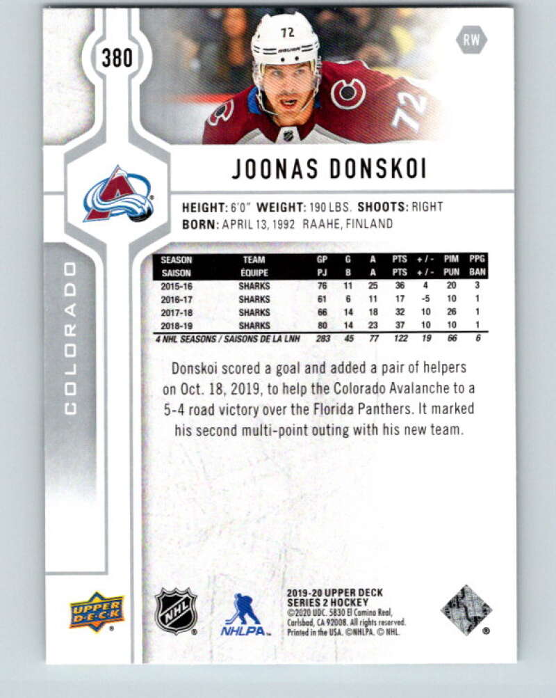 2019-20 Upper Deck #380 Joonas Donskoi Mint Colorado Avalanche Image 2