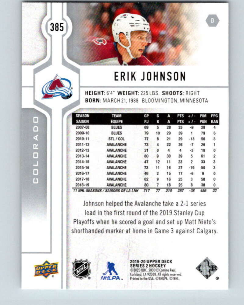 2019-20 Upper Deck #385 Erik Johnson Mint Colorado Avalanche Image 2