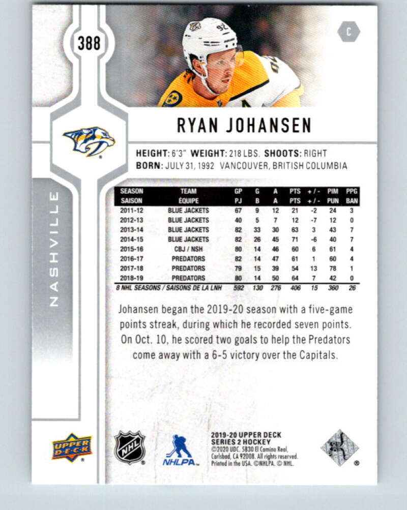 2019-20 Upper Deck #388 Ryan Johansen Mint Nashville Predators Image 2