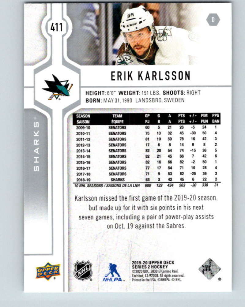 2019-20 Upper Deck #411 Erik Karlsson Mint San Jose Sharks Image 2