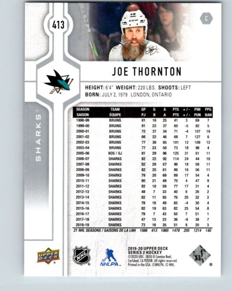 2019-20 Upper Deck #413 Joe Thornton Mint San Jose Sharks