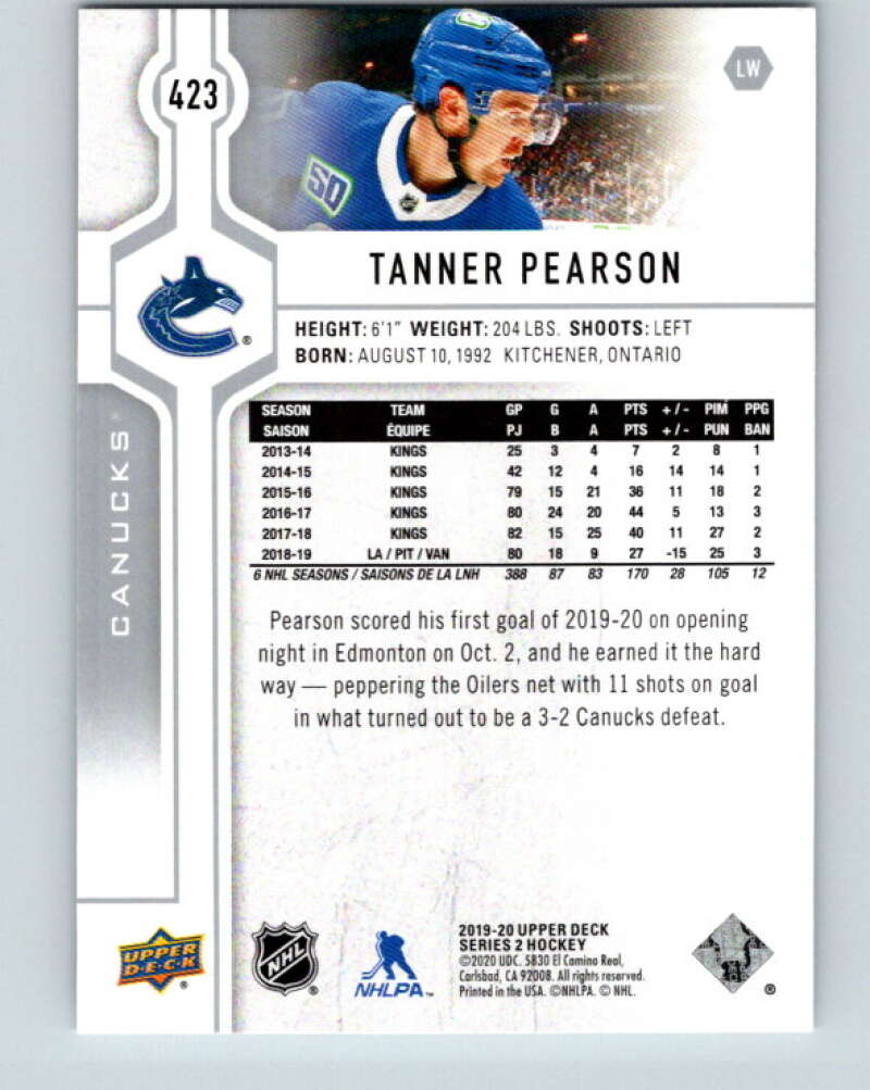 2019-20 Upper Deck #423 Tanner Pearson Mint Vancouver Canucks Image 2