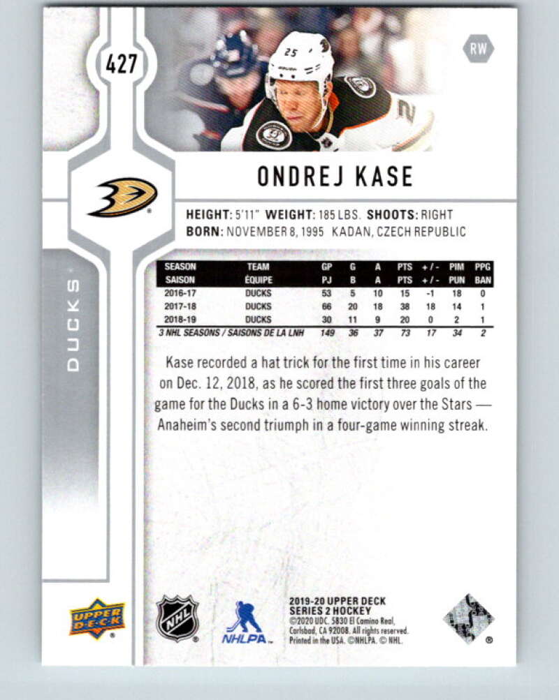 2019-20 Upper Deck #427 Ondrej Kase Mint Anaheim Ducks Image 2