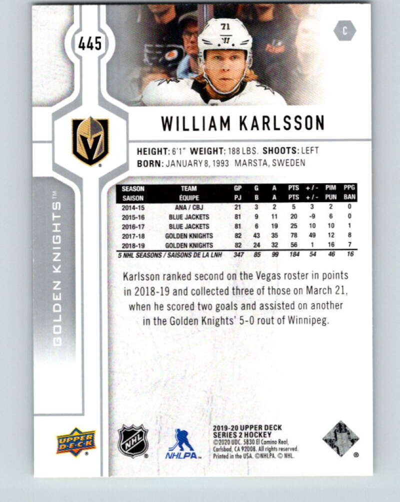 2019-20 Upper Deck #445 William Karlsson Mint Vegas Golden Knights Image 2