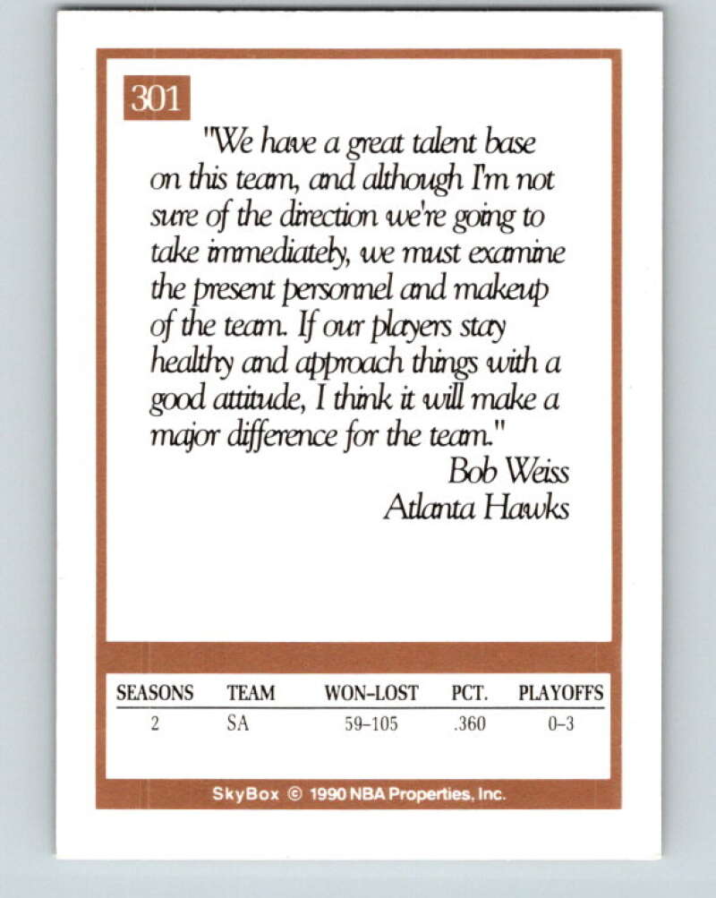 1990-91 SkyBox #301 Bob Weiss CO Mint Atlanta Hawks Image 2