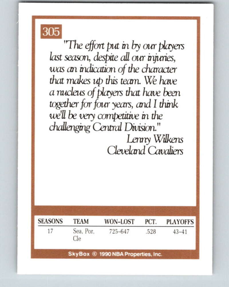 1990-91 SkyBox #305 Lenny Wilkens CO Mint Cleveland Cavaliers Image 2