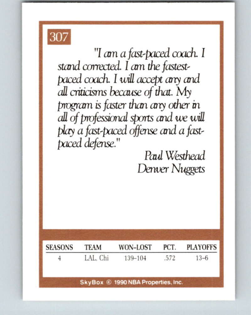 1990-91 SkyBox #307 Paul Westhead CO Mint Denver Nuggets Image 2