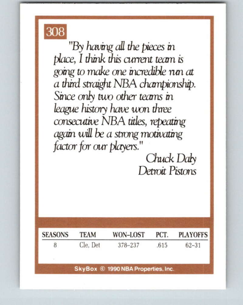 1990-91 SkyBox #308 Chuck Daly CO Mint Detroit Pistons Image 2