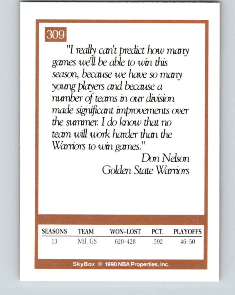 1990-91 SkyBox #309 Don Nelson CO Mint Golden State Warriors Image 2