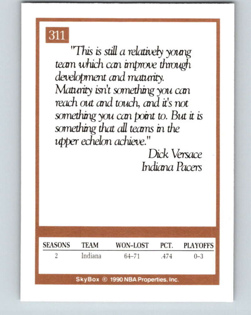 1990-91 SkyBox #311 Dick Versace CO Mint Indiana Pacers Image 2