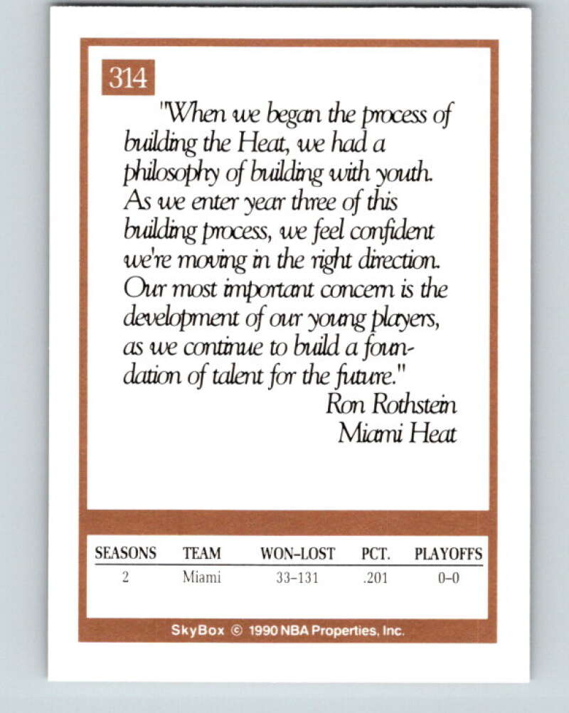 1990-91 SkyBox #314 Ron Rothstein CO Mint Miami Heat Image 2