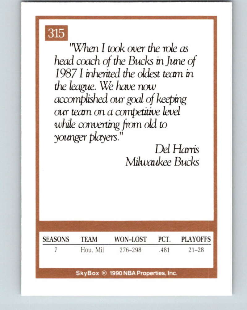 1990-91 SkyBox #315 Del Harris CO Mint Milwaukee Bucks Image 2