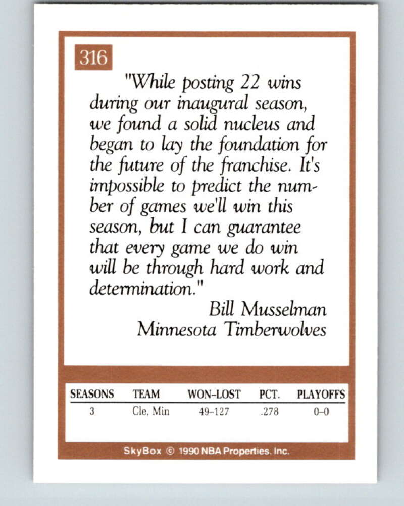 1990-91 SkyBox #316 Bill Musselman CO Mint Minnesota Timberwolves Image 2