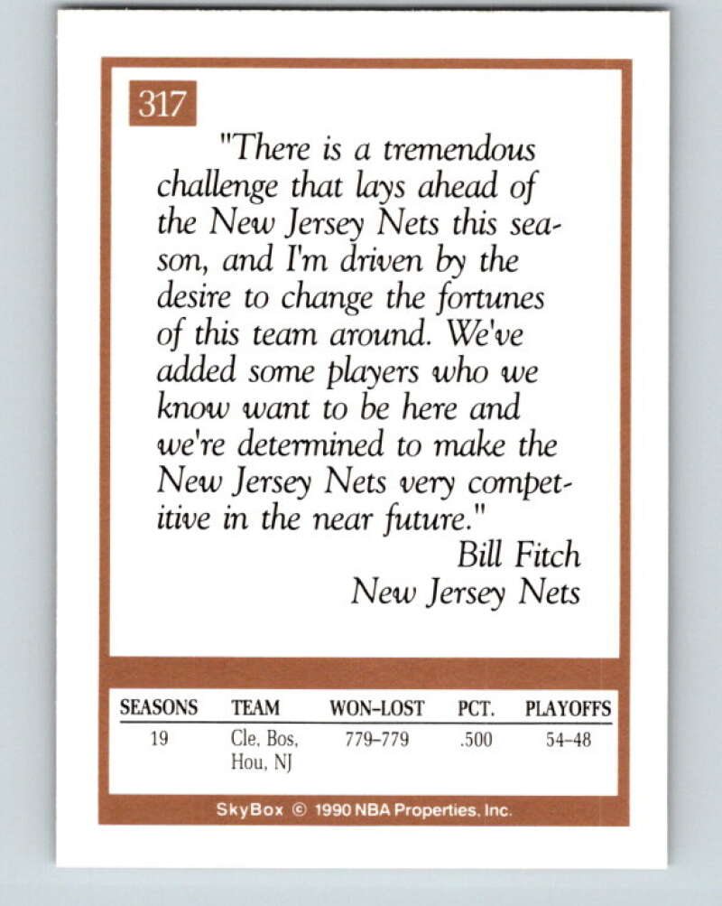 1990-91 SkyBox #317 Bill Fitch CO Mint New Jersey Nets Image 2