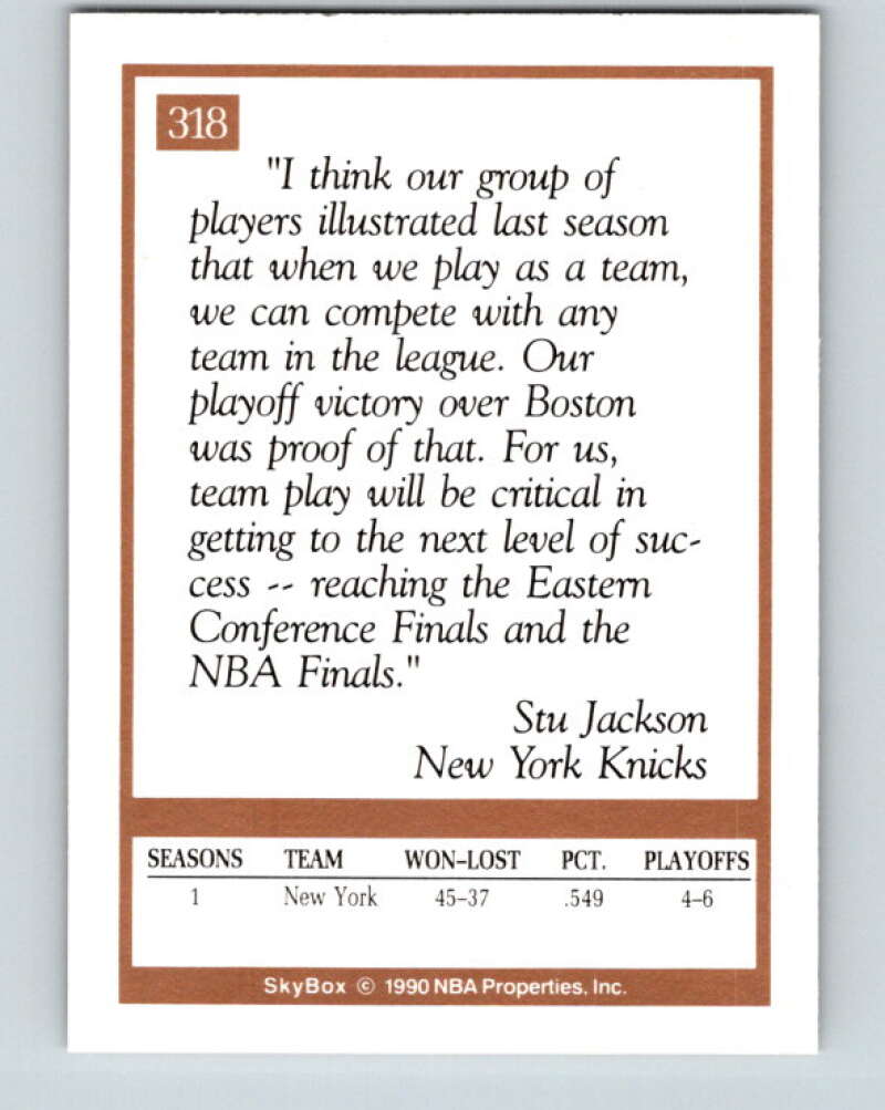 1990-91 SkyBox #318 Stu Jackson CO Mint New York Knicks Image 2