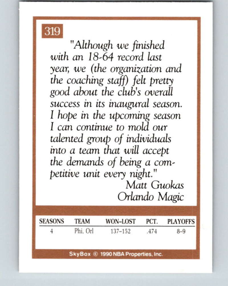 1990-91 SkyBox #319 Matt Guokas CO Mint Orlando Magic Image 2