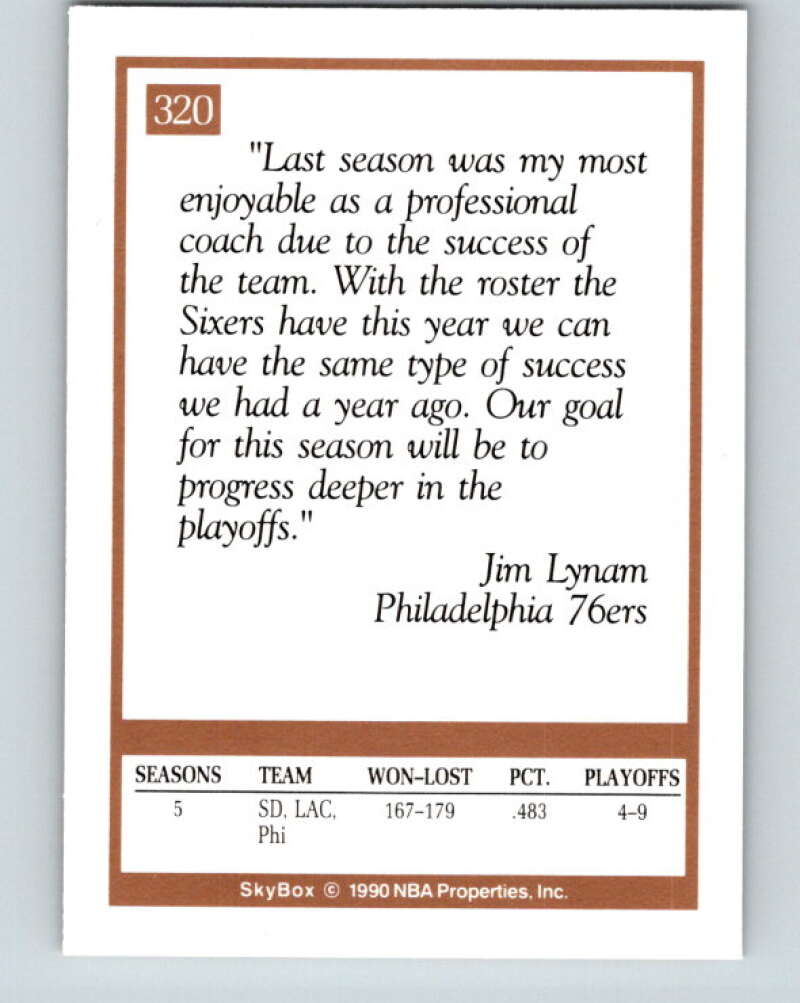 1990-91 SkyBox #320 Jim Lynam CO Mint Philadelphia 76ers Image 2
