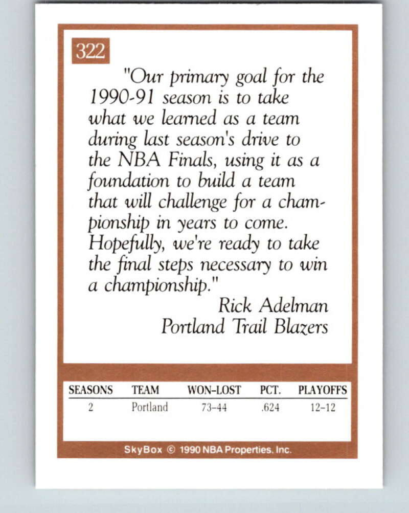 1990-91 SkyBox #322 Rick Adelman CO Mint Portland Trail Blazers Image 2