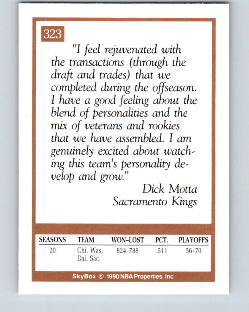 1990-91 SkyBox #323 Dick Motta CO Mint Sacramento Kings Image 2