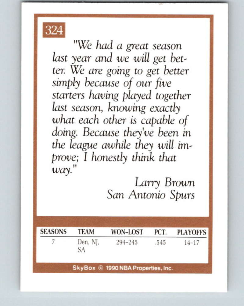 1990-91 SkyBox #324 Larry Brown CO Mint San Antonio Spurs Image 2
