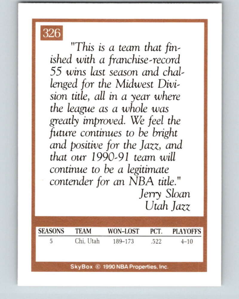1990-91 SkyBox #326 Jerry Sloan CO Mint Utah Jazz Image 2