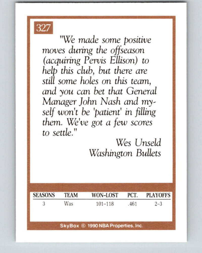 1990-91 SkyBox #327 Wes Unseld CO Mint Washington Bullets Image 2
