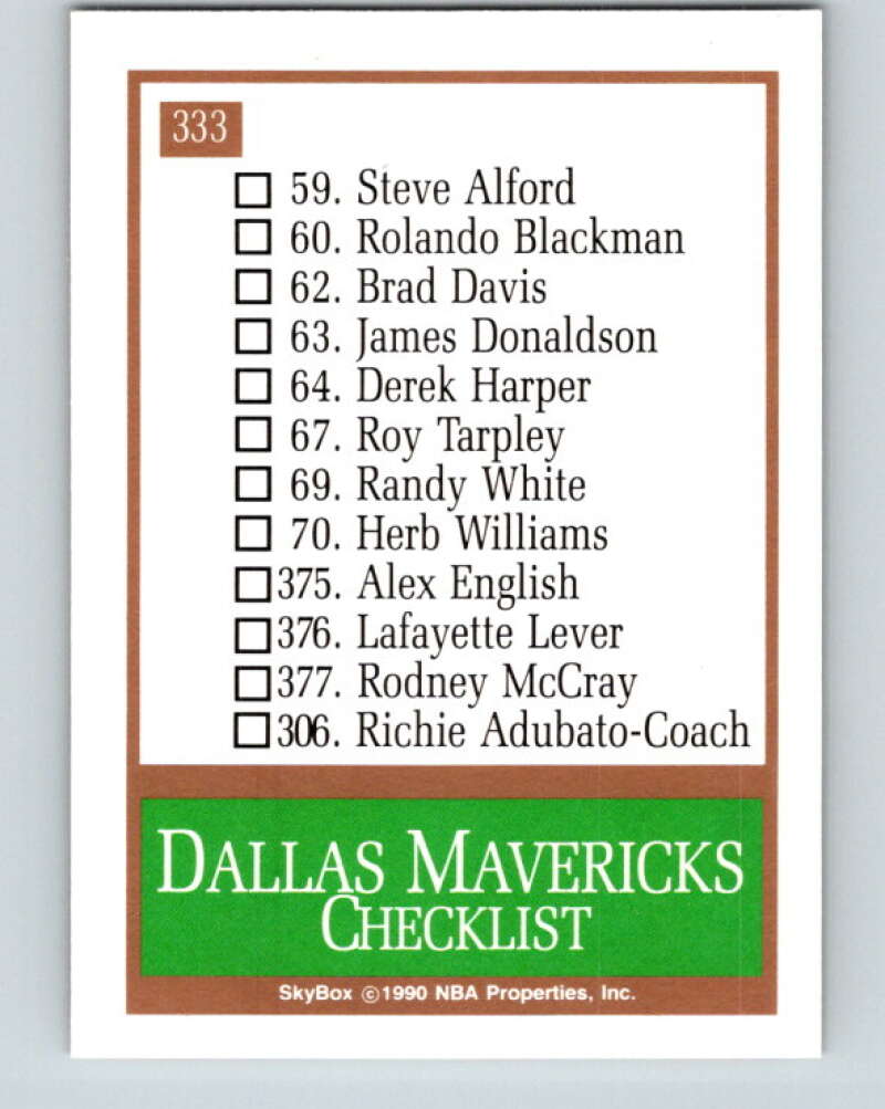 1990-91 SkyBox #333 Dallas Mavericks TC Mint Dallas Mavericks Image 2
