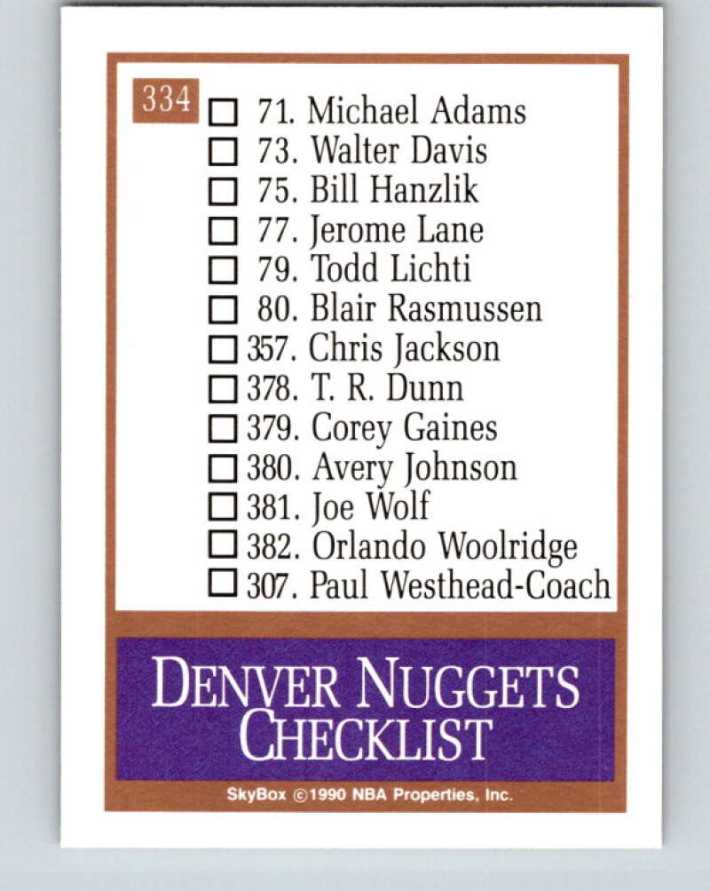 1990-91 SkyBox #334 Denver Nuggets TC Mint Denver Nuggets Image 2