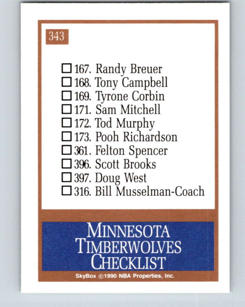 1990-91 SkyBox #343 Minnesota Timberwolves TC Mint Minnesota Timberwolves Image 2