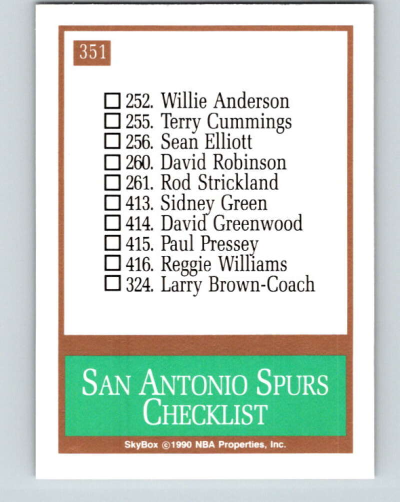 1990-91 SkyBox #351 San Antonio Spurs TC Mint San Antonio Spurs Image 2