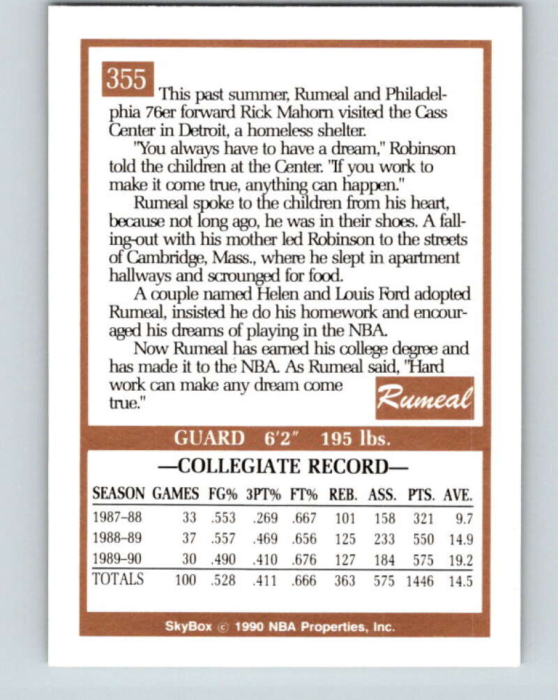 1990-91 SkyBox #355 Rumeal Robinson Mint RC Rookie Atlanta Hawks Image 2