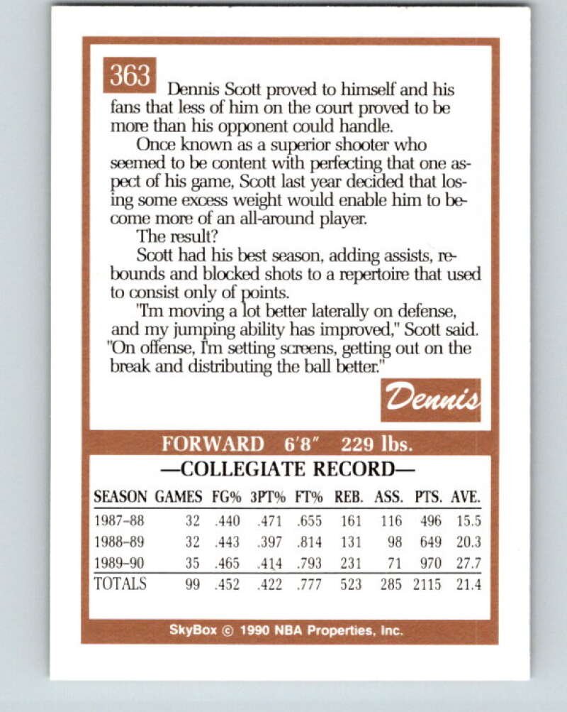 1990-91 SkyBox #363 Dennis Scott Mint RC Rookie Orlando Magic Image 2