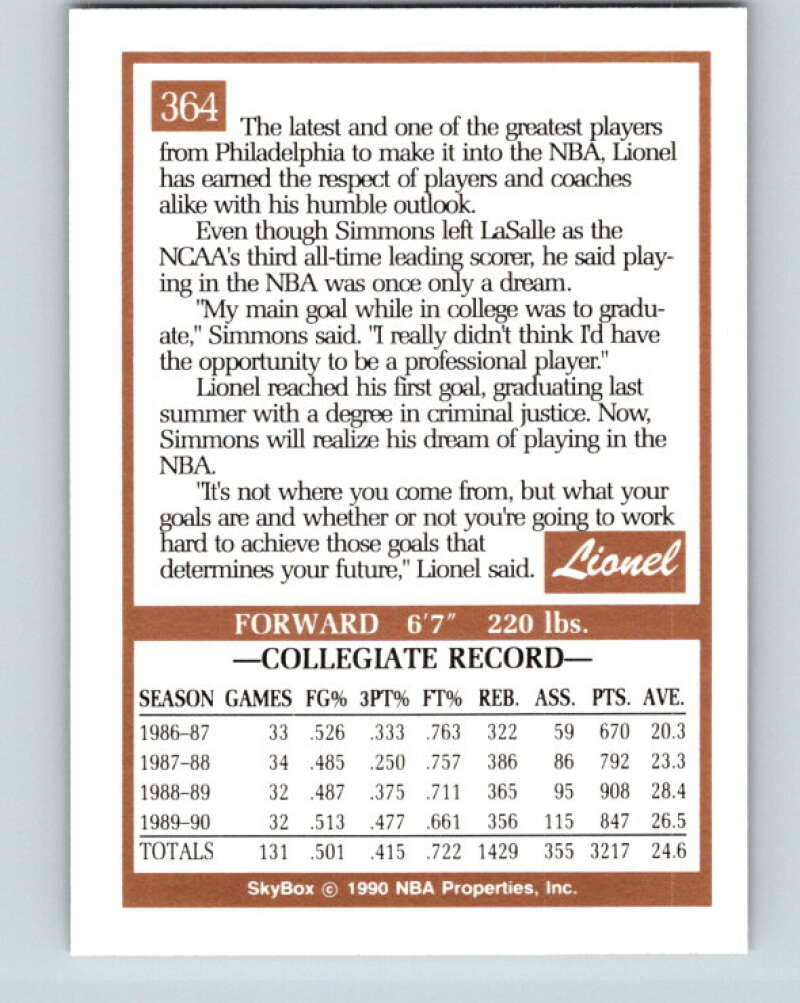 1990-91 SkyBox #364 Lionel Simmons Mint RC Rookie Sacramento Kings Image 2