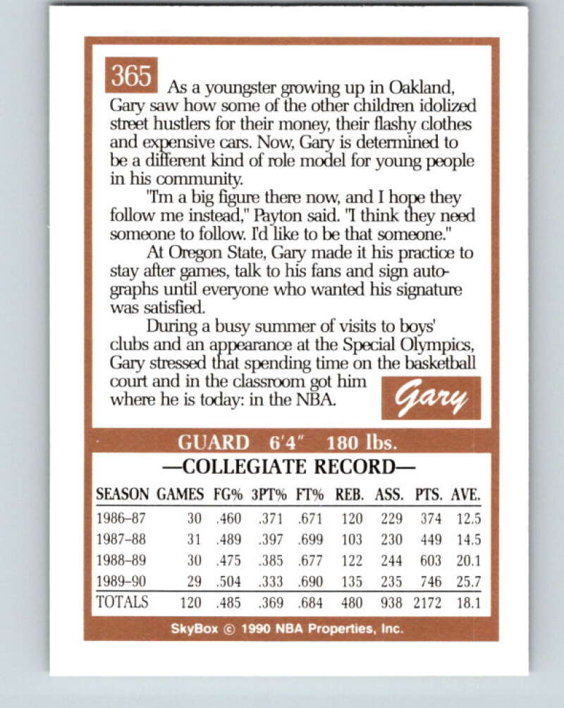 1990-91 SkyBox #365 Gary Payton Mint RC Rookie Seattle SuperSonics
