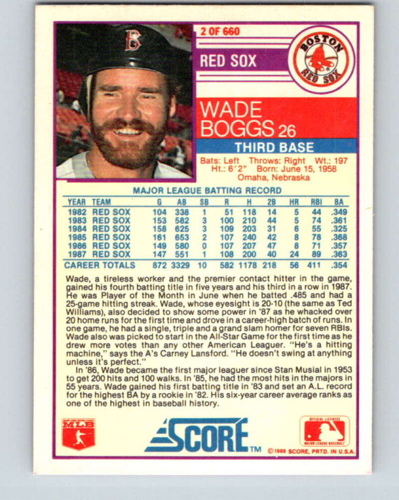 1988 Score #2 Wade Boggs Mint Boston Red Sox Image 2
