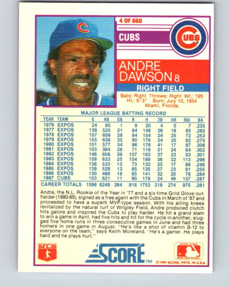 1988 Score #4 Andre Dawson Mint Chicago Cubs Image 2