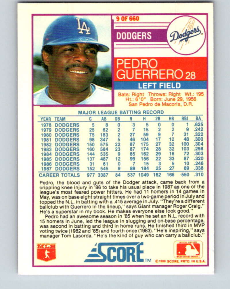 1988 Score #9 Pedro Guerrero Mint Los Angeles Dodgers Image 2
