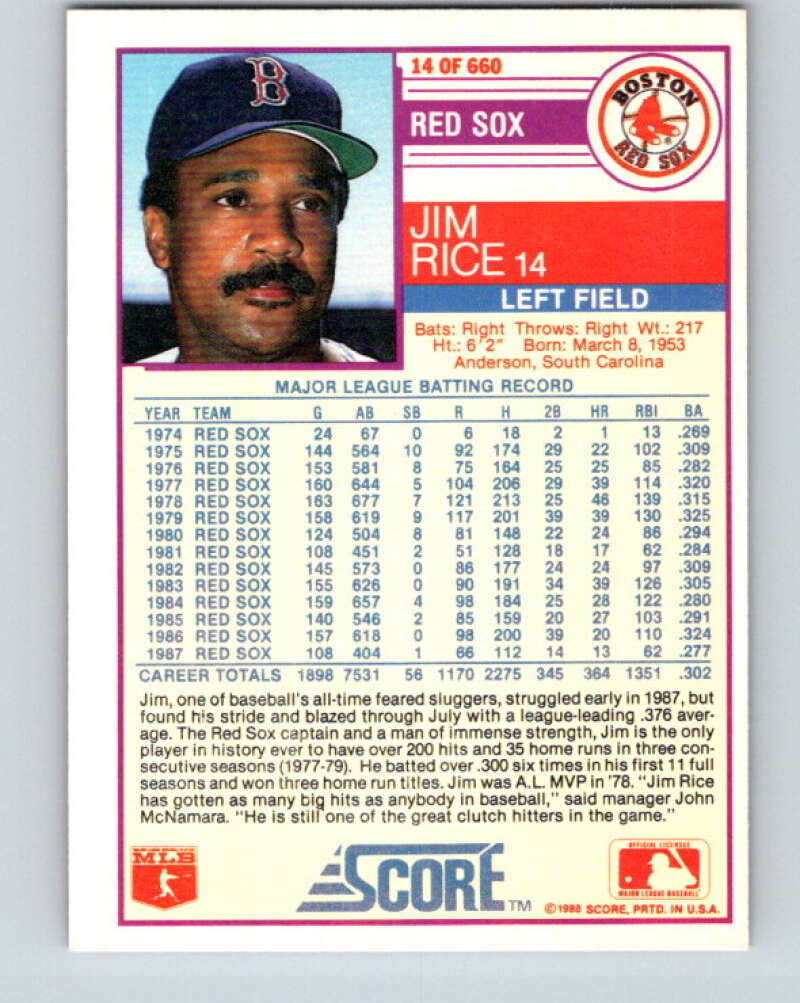 1988 Score #14 Jim Rice Mint Boston Red Sox Image 2