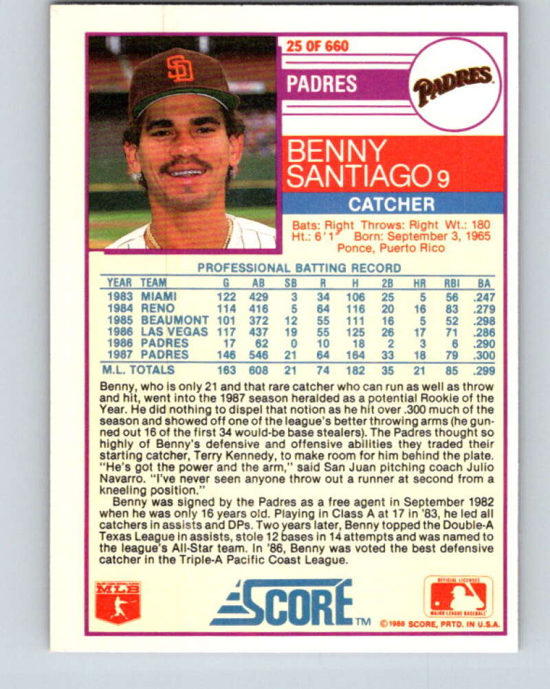 1988 Score #25 Benito Santiago Mint San Diego Padres Image 2