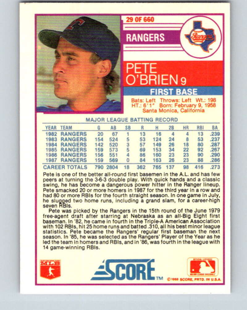 1988 Score #29 Pete O'Brien Mint Texas Rangers Image 2