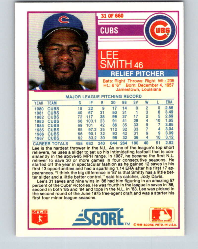 1988 Score #31 Lee Smith Mint Chicago Cubs Image 2