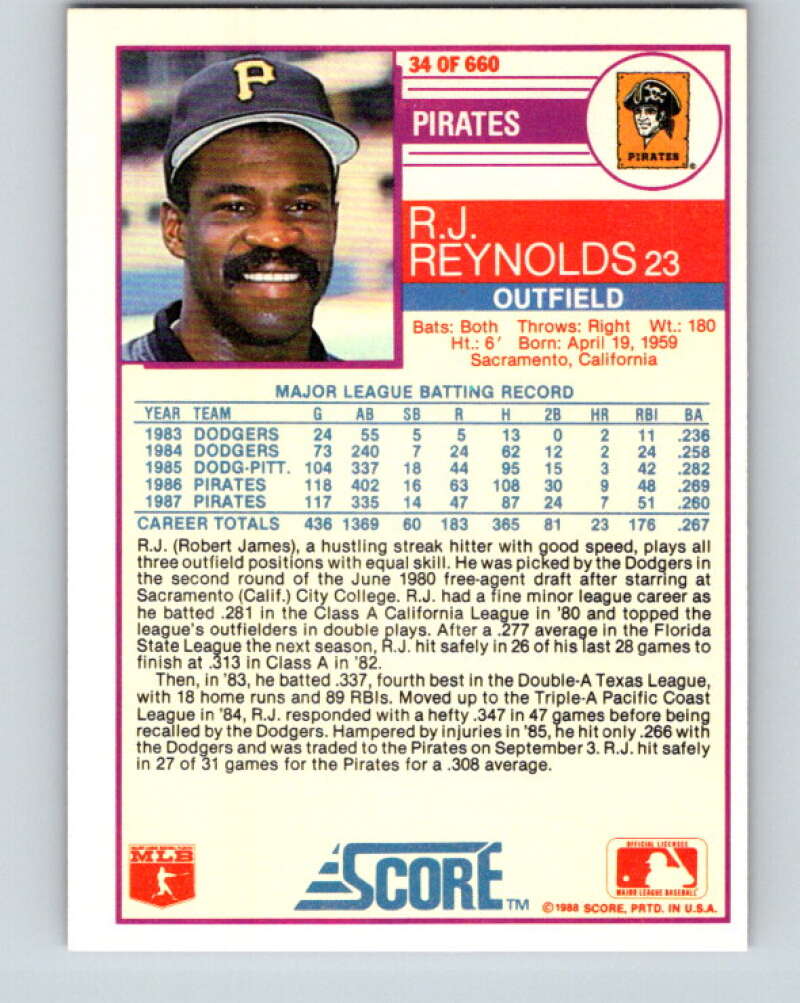 1988 Score #34 R.J. Reynolds Mint Pittsburgh Pirates Image 2